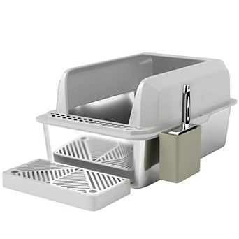 PawHut Stainless Steel Litter Box, High Sided Anti-Urine Leakage Non-Sticky