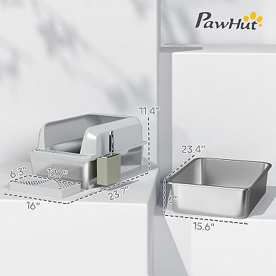 PawHut Stainless Steel Litter Box, High Sided Anti-Urine Leakage Non-Sticky