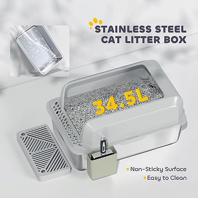 PawHut Stainless Steel Litter Box, High Sided Anti-Urine Leakage Non-Sticky