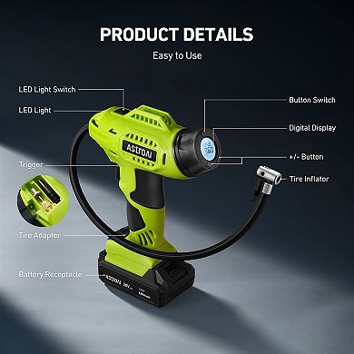 AstroAI Cordless Tire Inflator Air Compressor 20V Rechargeable Battery Powered 160PSI