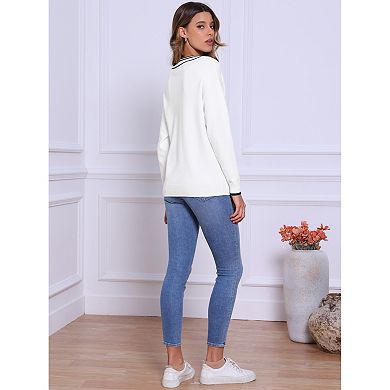 Women's V Neck Sweater Long Sleeve Striped Pullover Soft Fall Casual Sweaters