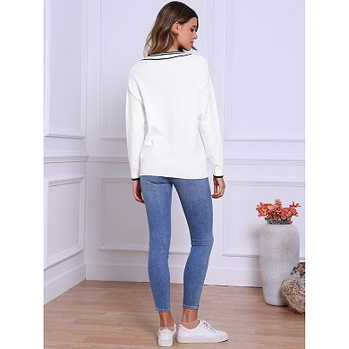 Women's V Neck Sweater Long Sleeve Striped Pullover Soft Fall Casual Sweaters