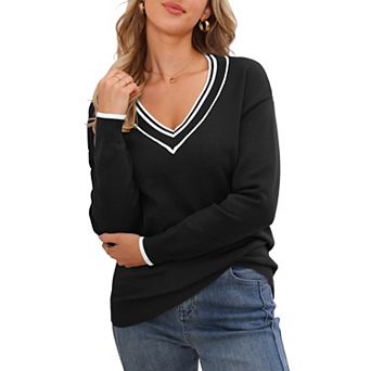 Women's V Neck Sweater Long Sleeve Striped Pullover Soft Fall Casual Sweaters
