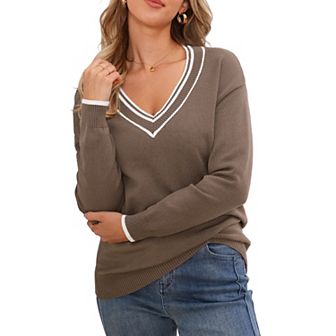 Women's V Neck Sweater Long Sleeve Striped Pullover Soft Fall Casual Sweaters