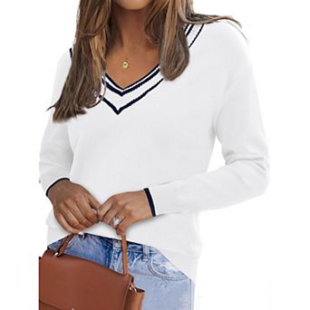 Women's V Neck Sweater Long Sleeve Striped Pullover Soft Fall Casual Sweaters