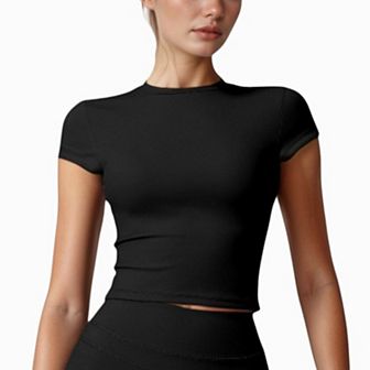 Women's Fitted Crop Active Tee Short Sleeve Round Neck Stretch Performance Fabric