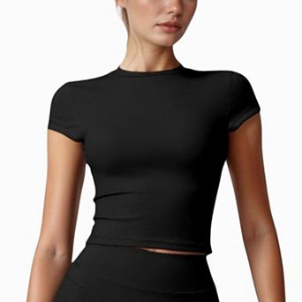 Women's Fitted Crop Active Tee Short Sleeve Round Neck Stretch Performance Fabric