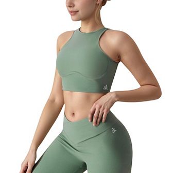 Women's High Neck Racerback Sports Crop Top with Seamless Compression Fit