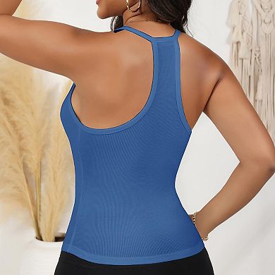 Women's Deep V-Neck Ribbed Knit Tank Top with Slim Fit and Adjustable Strap Detail