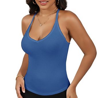 Women's Deep V-Neck Ribbed Knit Tank Top with Slim Fit and Adjustable Strap Detail