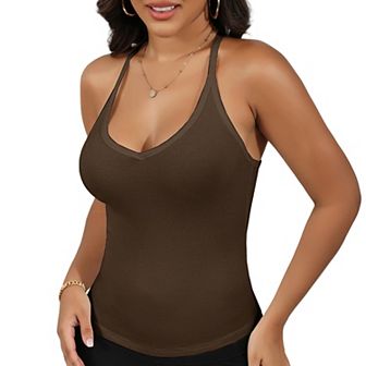Women's Deep V-Neck Ribbed Knit Tank Top with Slim Fit and Adjustable Strap Detail
