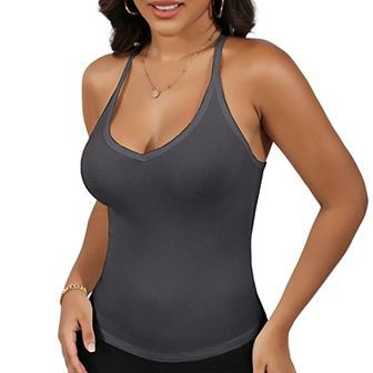 Women's Deep V-Neck Ribbed Knit Tank Top with Slim Fit and Adjustable Strap Detail