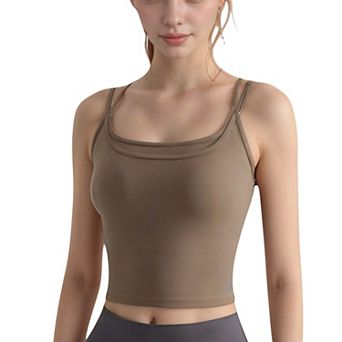Women's Longline Sports Bra with Double Spaghetti Straps and Layered Scoop Neck