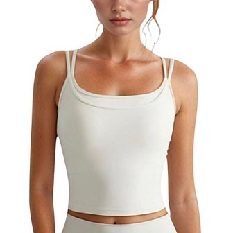 Women's Longline Sports Bra with Double Spaghetti Straps and Layered Scoop Neck