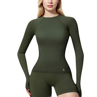 Women's Long Sleeve Fitted Crew Neck Top with Thumbhole Cuffs and Seam Detailing