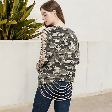 Women's Distressed Long Sleeve Top with Cut-Out Details and Raw Hem