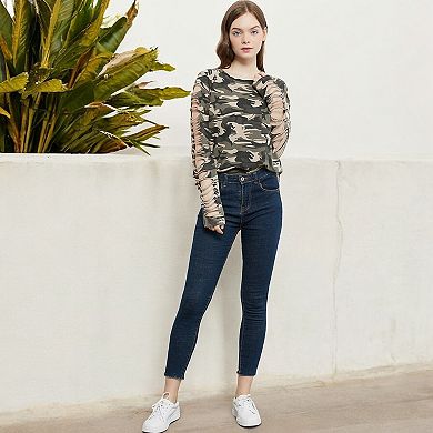 Women's Distressed Long Sleeve Top with Cut-Out Details and Raw Hem