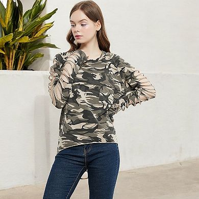 Women's Distressed Long Sleeve Top with Cut-Out Details and Raw Hem