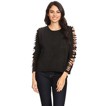 Women's Distressed Long Sleeve Top with Cut-Out Details and Raw Hem