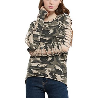 Women's Distressed Long Sleeve Top with Cut-Out Details and Raw Hem
