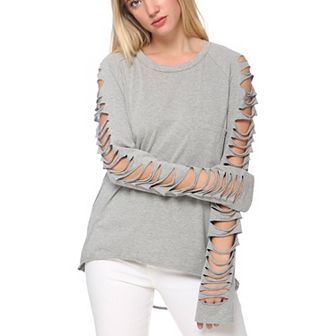 Women's Distressed Long Sleeve Top with Cut-Out Details and Raw Hem