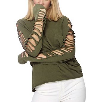 Women's Distressed Long Sleeve Top with Cut-Out Details and Raw Hem