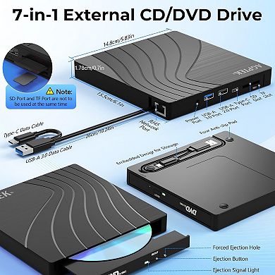 7 in 1 External CD/DVD Drive with Ethernet Adapter for Laptop, PC