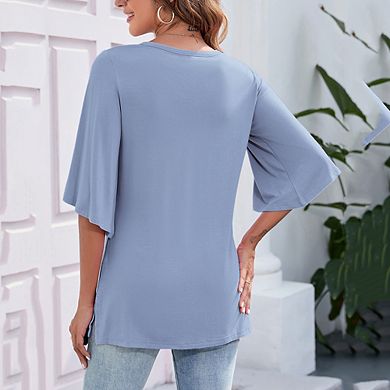Women's Blouse Tops 3/4 Bell Sleeve Loose V Neck Shirt Dressy