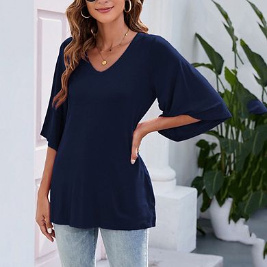Women's Blouse Tops 3/4 Bell Sleeve Loose V Neck Shirt Dressy