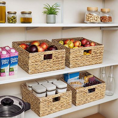 eHemco Large Square Woven Hyacinth Wicker Pantry Storage Baskets with Iron Wire Frame