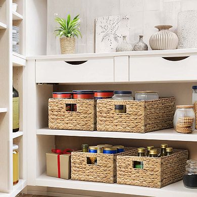 eHemco Large Rectangular Woven Hyacinth Wicker Pantry Storage Baskets with Iron Wire Frame, Natural