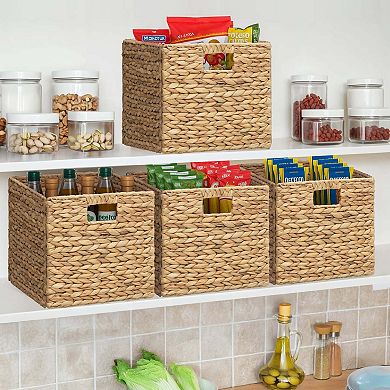 eHemco Large Square Woven Hyacinth Wicker Pantry Storage Baskets with Iron Wire Frame