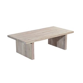 Nira Coffee Table, 48 Inch Rectangular Top, Handcrafted Washed White Acacia Wood, Panel Leg Base