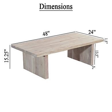 Nira Coffee Table, 48 Inch Rectangular Top, Handcrafted Washed White Acacia Wood, Panel Leg Base