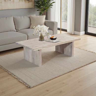Nira Coffee Table, 48 Inch Rectangular Top, Handcrafted Washed White Acacia Wood, Panel Leg Base
