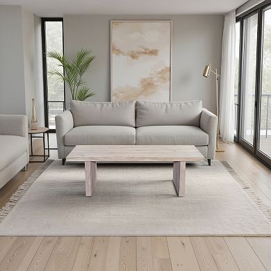 Nira Coffee Table, 48 Inch Rectangular Top, Handcrafted Washed White Acacia Wood, Panel Leg Base