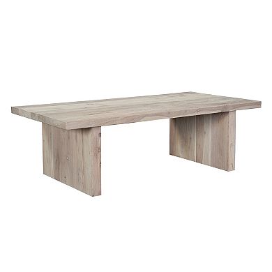 Nira Coffee Table, 48 Inch Rectangular Top, Handcrafted Washed White Acacia Wood, Panel Leg Base