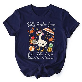 Last Day Teacher Goose T-Shirt, Tropical Summer Break Navy, White, and Natural Tee for Fun and Quirk