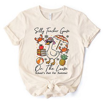Last Day Teacher Goose T-Shirt, Tropical Summer Break Navy, White, and Natural Tee for Fun and Quirk