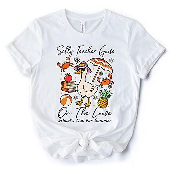 Last Day Teacher Goose T-Shirt, Tropical Summer Break Navy, White, and Natural Tee for Fun and Quirk