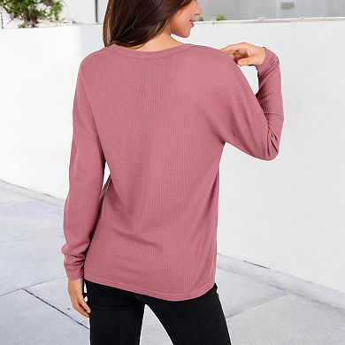 Women's Long Sleeve Waffle Knit Top with Notched Neckline and Chest Pocket