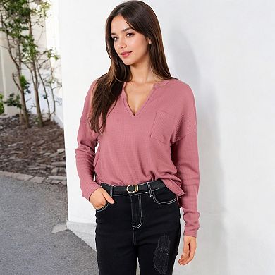 Women's Long Sleeve Waffle Knit Top with Notched Neckline and Chest Pocket