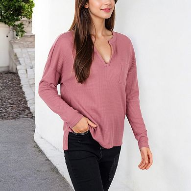 Women's Long Sleeve Waffle Knit Top with Notched Neckline and Chest Pocket