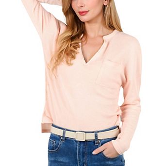 Women's Long Sleeve Waffle Knit Top with Notched Neckline and Chest Pocket