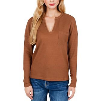 Women's Long Sleeve Waffle Knit Top with Notched Neckline and Chest Pocket