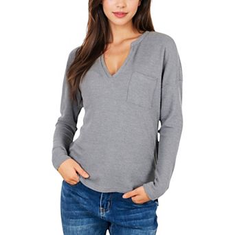 Women's Long Sleeve Waffle Knit Top with Notched Neckline and Chest Pocket