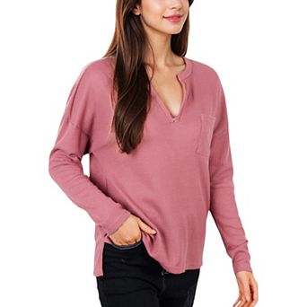 Women's Long Sleeve Waffle Knit Top with Notched Neckline and Chest Pocket