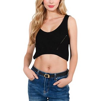 Women's Ribbed Knit Crop Top with V-Neck and Eyelet Detailing