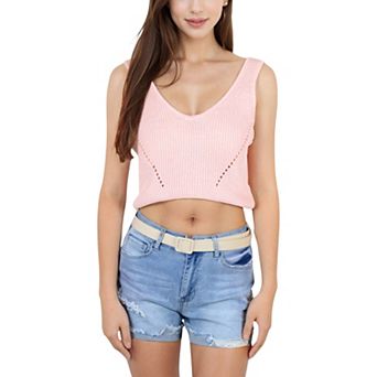 Women's Ribbed Knit Crop Top with V-Neck and Eyelet Detailing