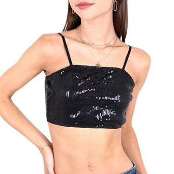Women's Sparkly Sequin Tank Top Spaghetti Strap Zipper Tube Tops